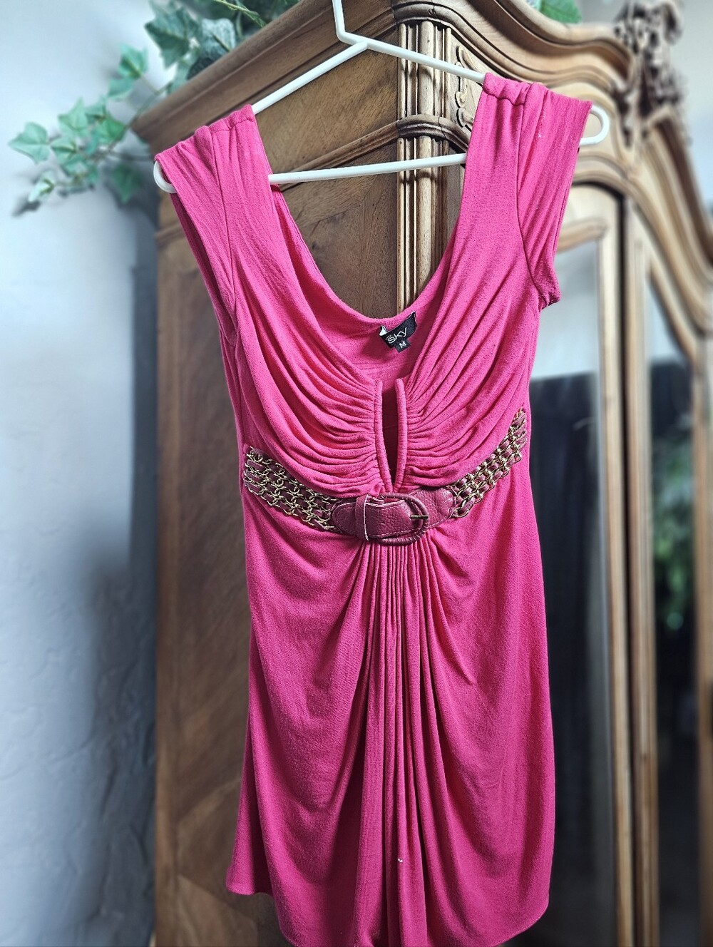 SKY TOP Stylish Pink Ruched Belted Women’s Dress